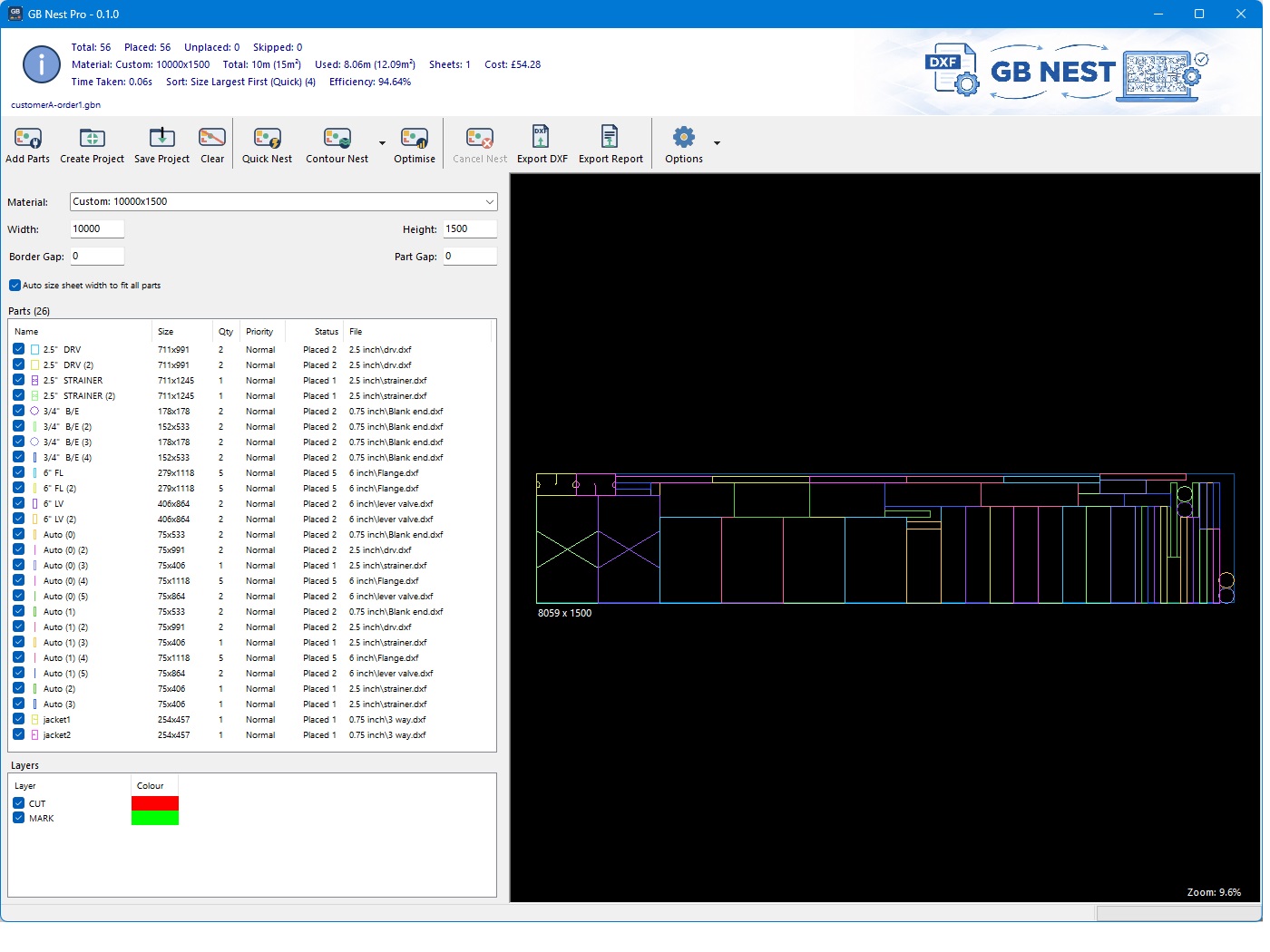 GB Nest custom project setup - parts list with quantities