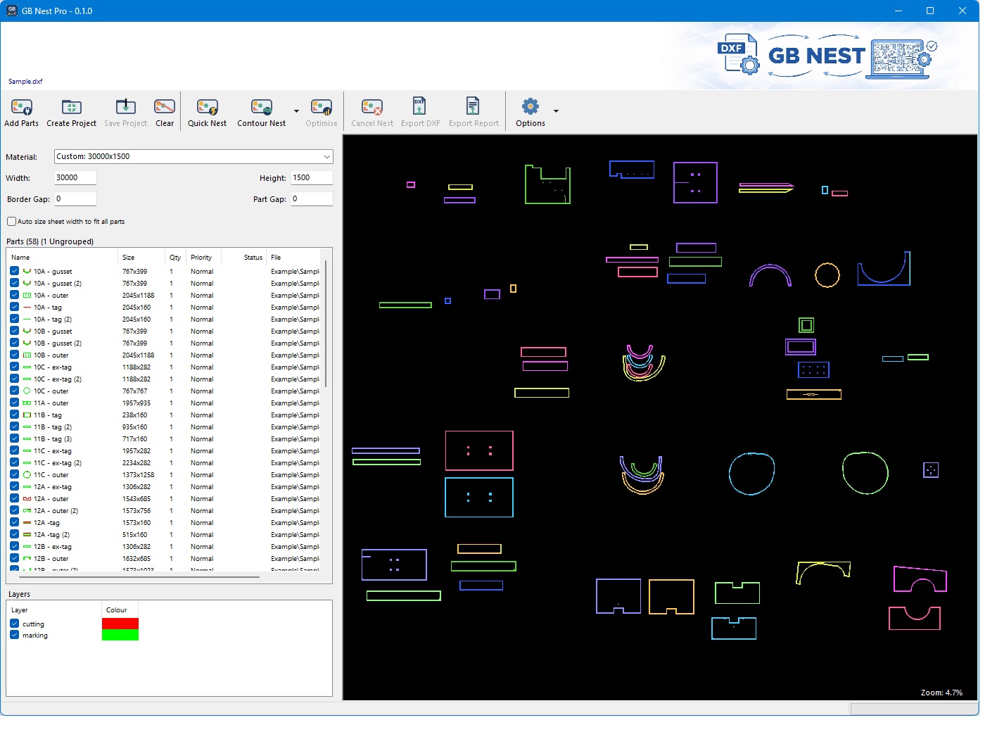GB Nest main application window showing a sheet of nested parts