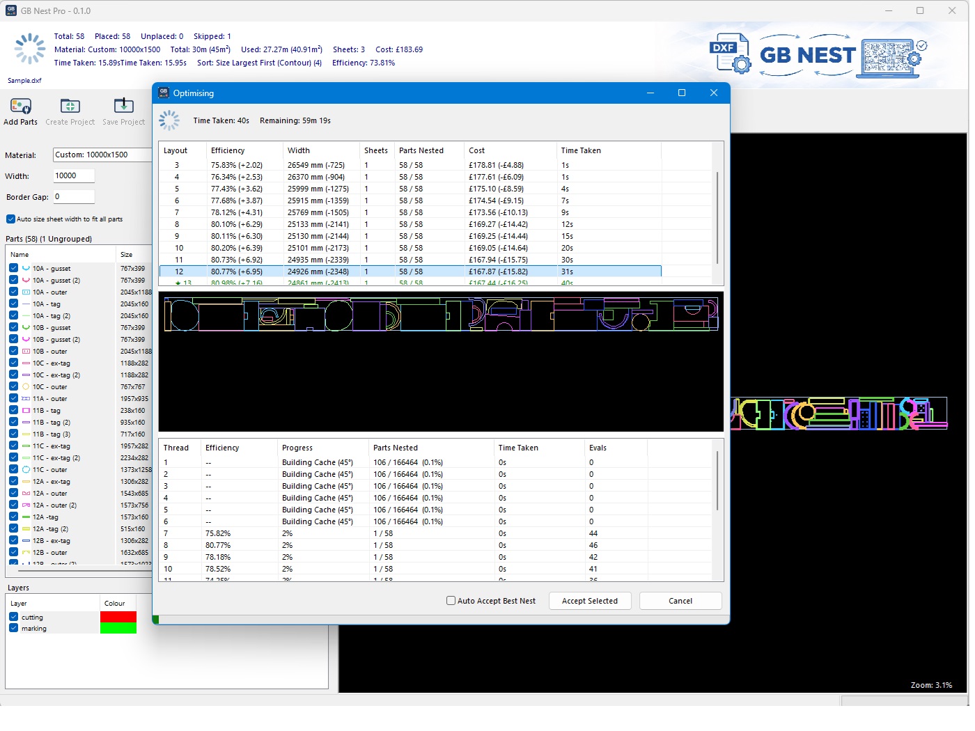 Genetic Optimiser progress dialog showing live nest preview and per-worker thread status